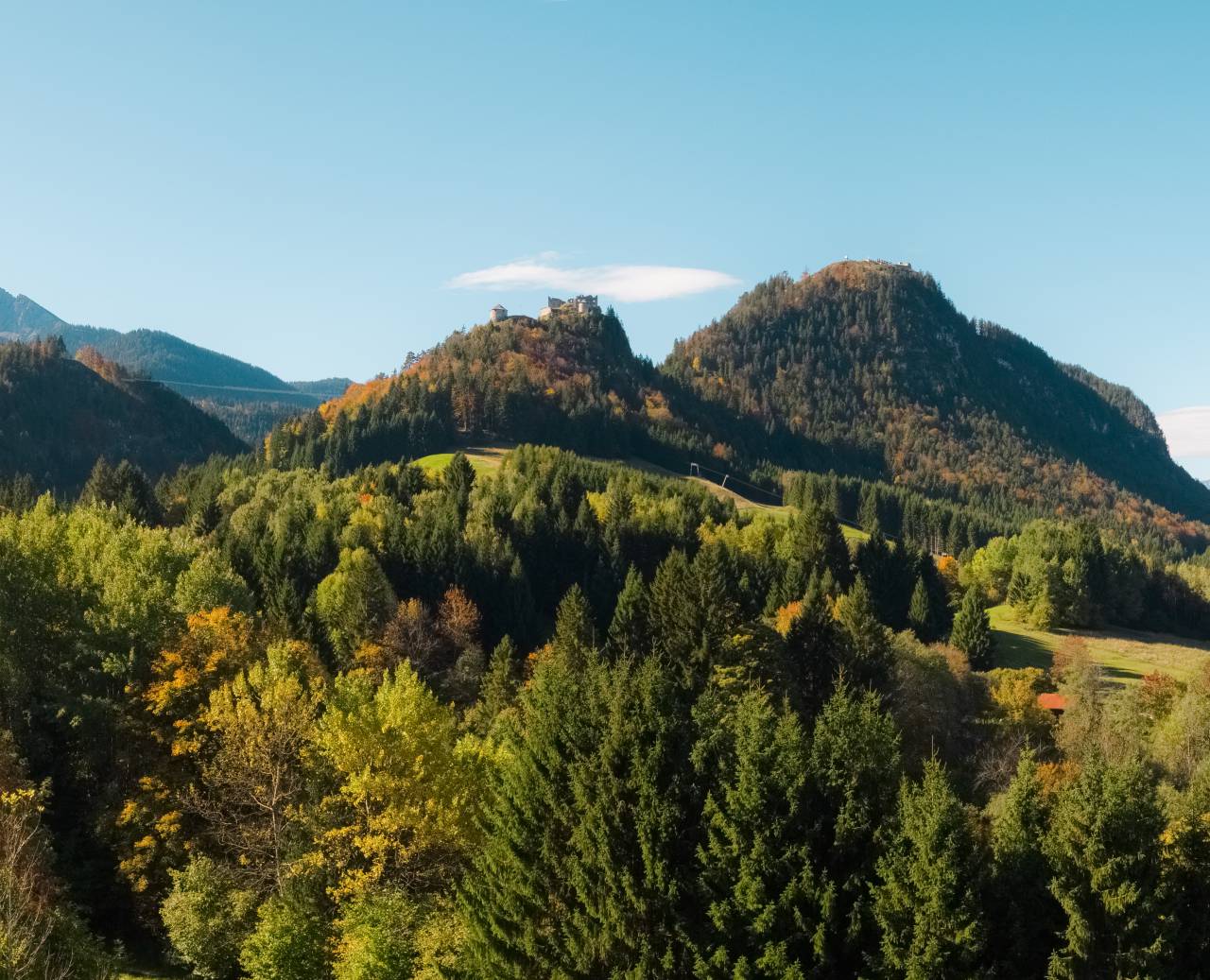 Wälder und Bäume in herbstlichen Farben auf den Bergen bei Sonnenschein